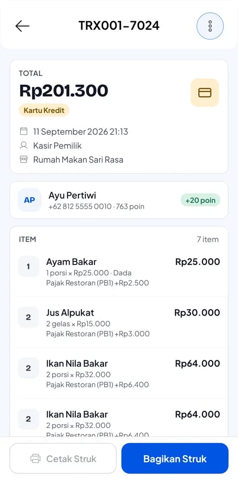 Detail transaksi di HP dengan total dan rincian pesanan