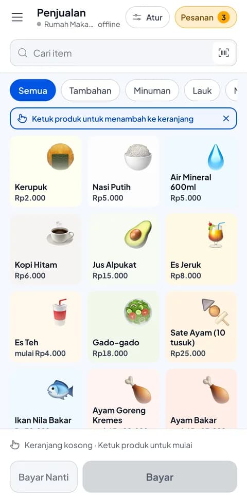 Layar Penjualan Salesmaster di HP dengan menu makanan dalam kategori