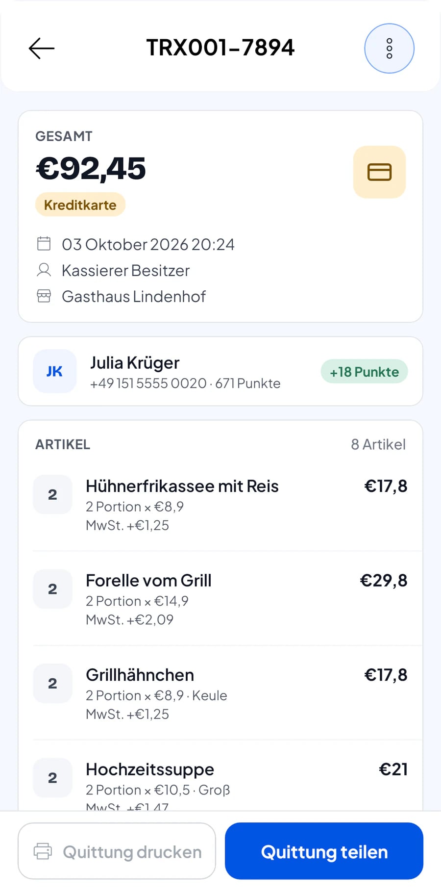 Transaktionsdetails auf einem Smartphone mit Summe und Bestellung