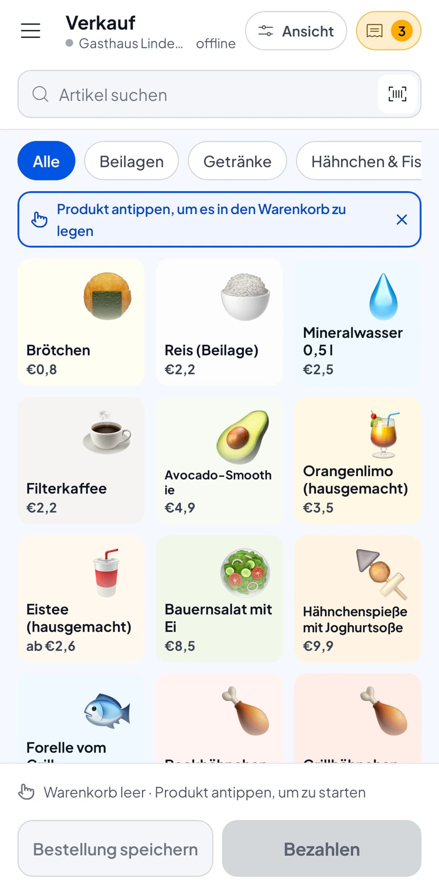 Der Salesmaster-Verkaufsbildschirm auf einem Smartphone mit Speisen in Kategorien