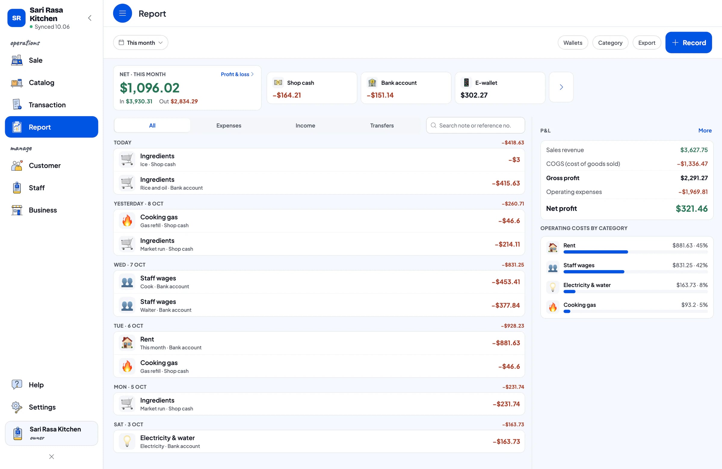 The Finance screen on Mac: cash, expenses and profit