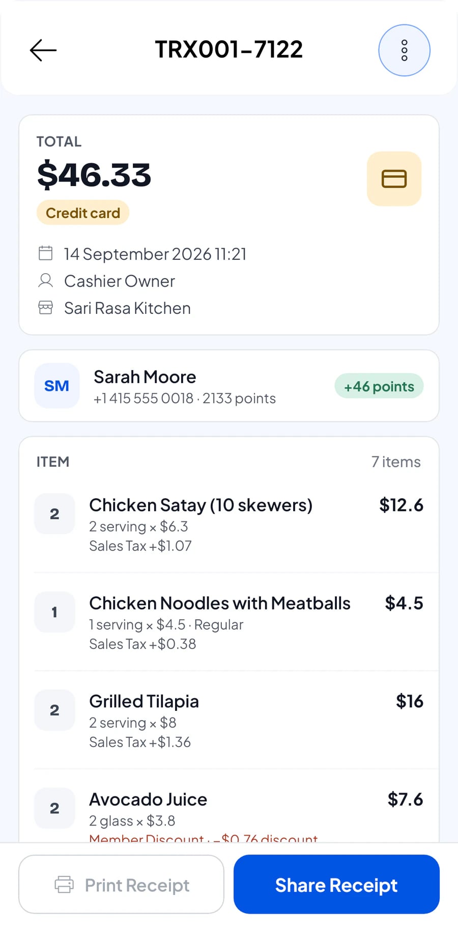 Transaction detail with the total and items