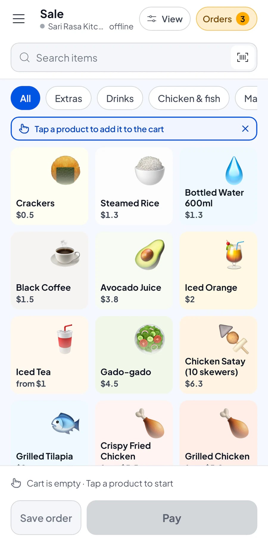 The Sale screen on a phone with a food catalogue