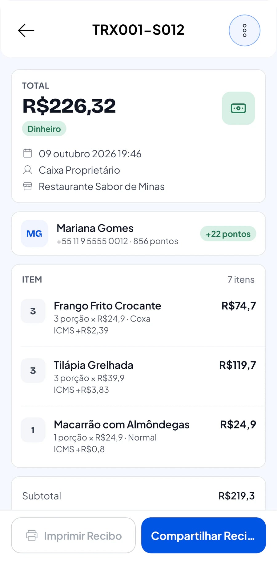 Detalhes da transação num celular, com o total e o pedido