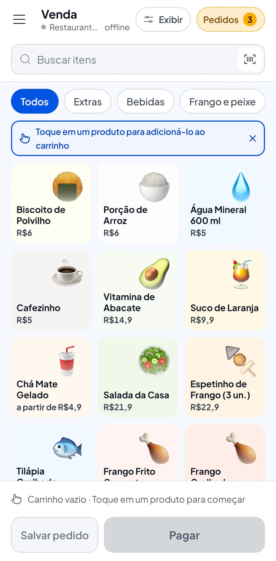 A Tela de venda do Salesmaster num celular, com itens de comida organizados em categorias