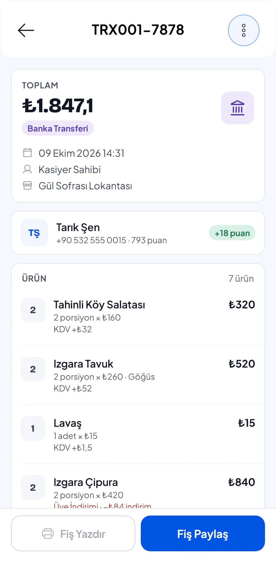 Telefonda işlem detayı: toplam ve sipariş