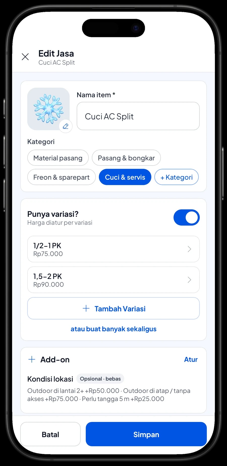 Edit item Cuci AC Split: varian 1/2-1 PK dan 1,5-2 PK, masing-masing dengan harga sendiri