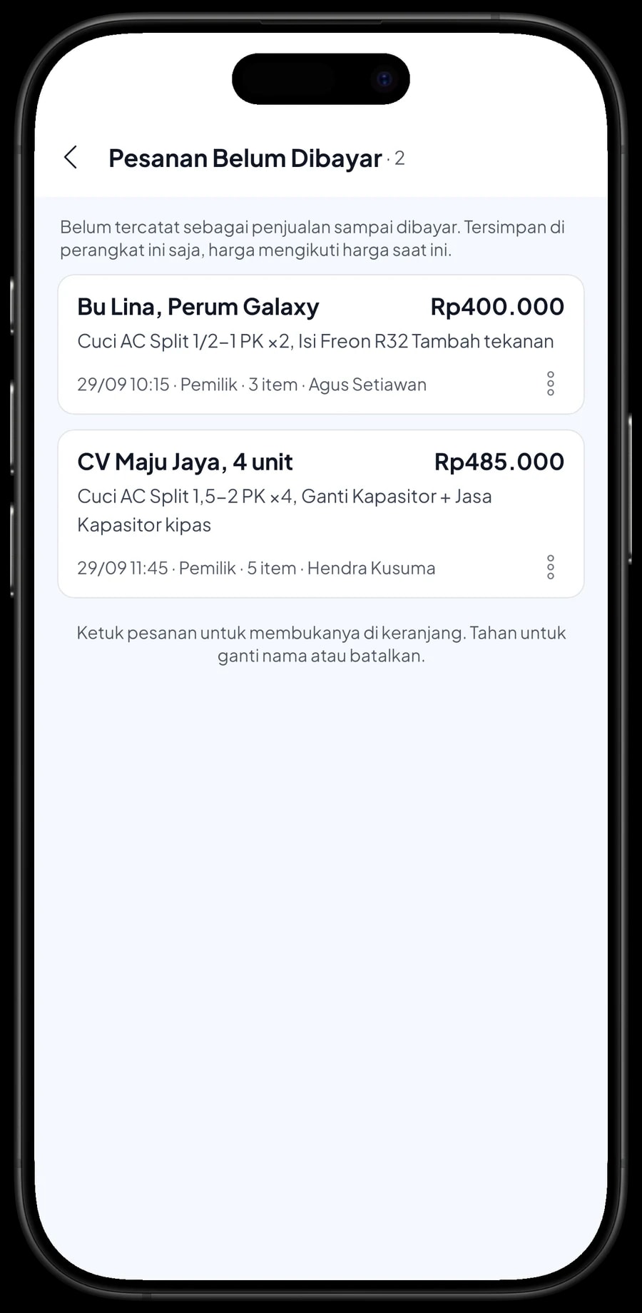 Daftar Pesanan Belum Dibayar: Bu Lina di Perum Galaxy dan CV Maju Jaya untuk 4 unit