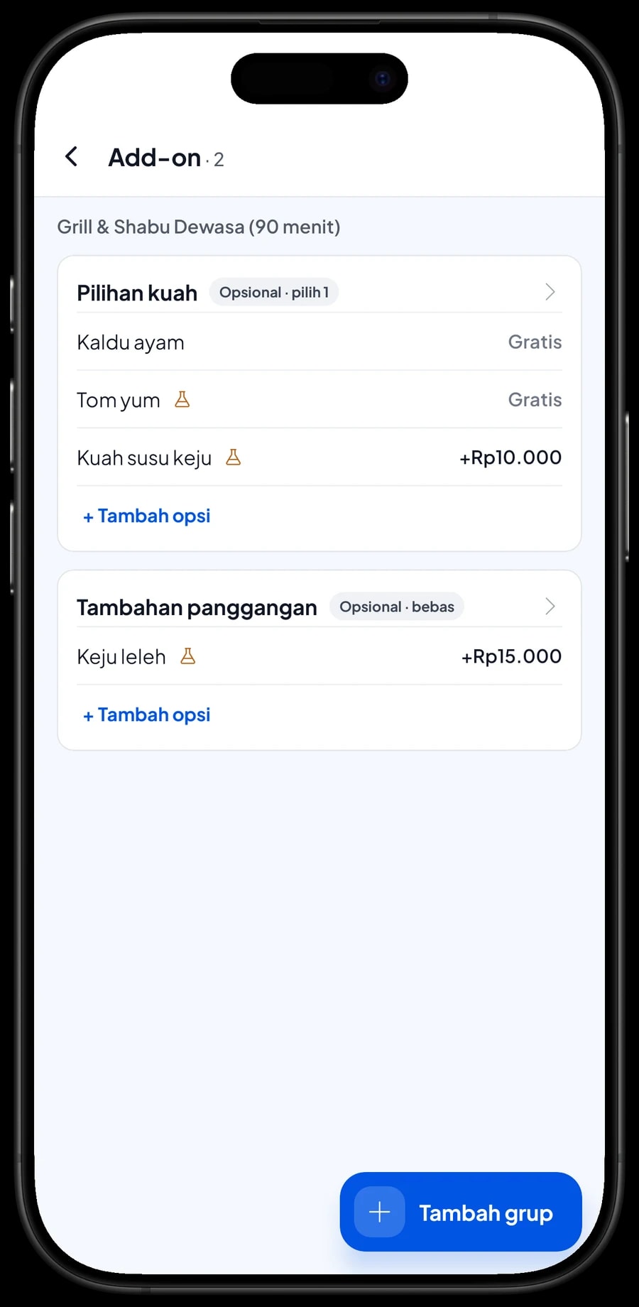 Grup add-on Grill & Shabu Dewasa: Pilihan kuah kaldu ayam, tom yum atau susu keju, dan Tambahan panggangan