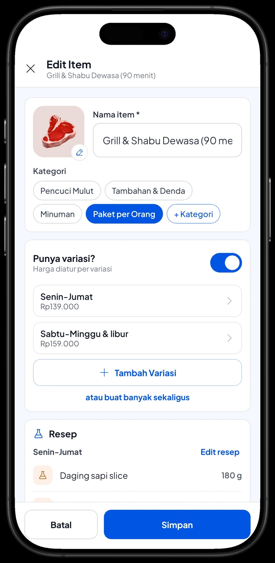 Edit item Grill & Shabu Dewasa (90 menit) bersatuan orang, dengan resep varian Senin-Jumat dan Sabtu-Minggu & libur