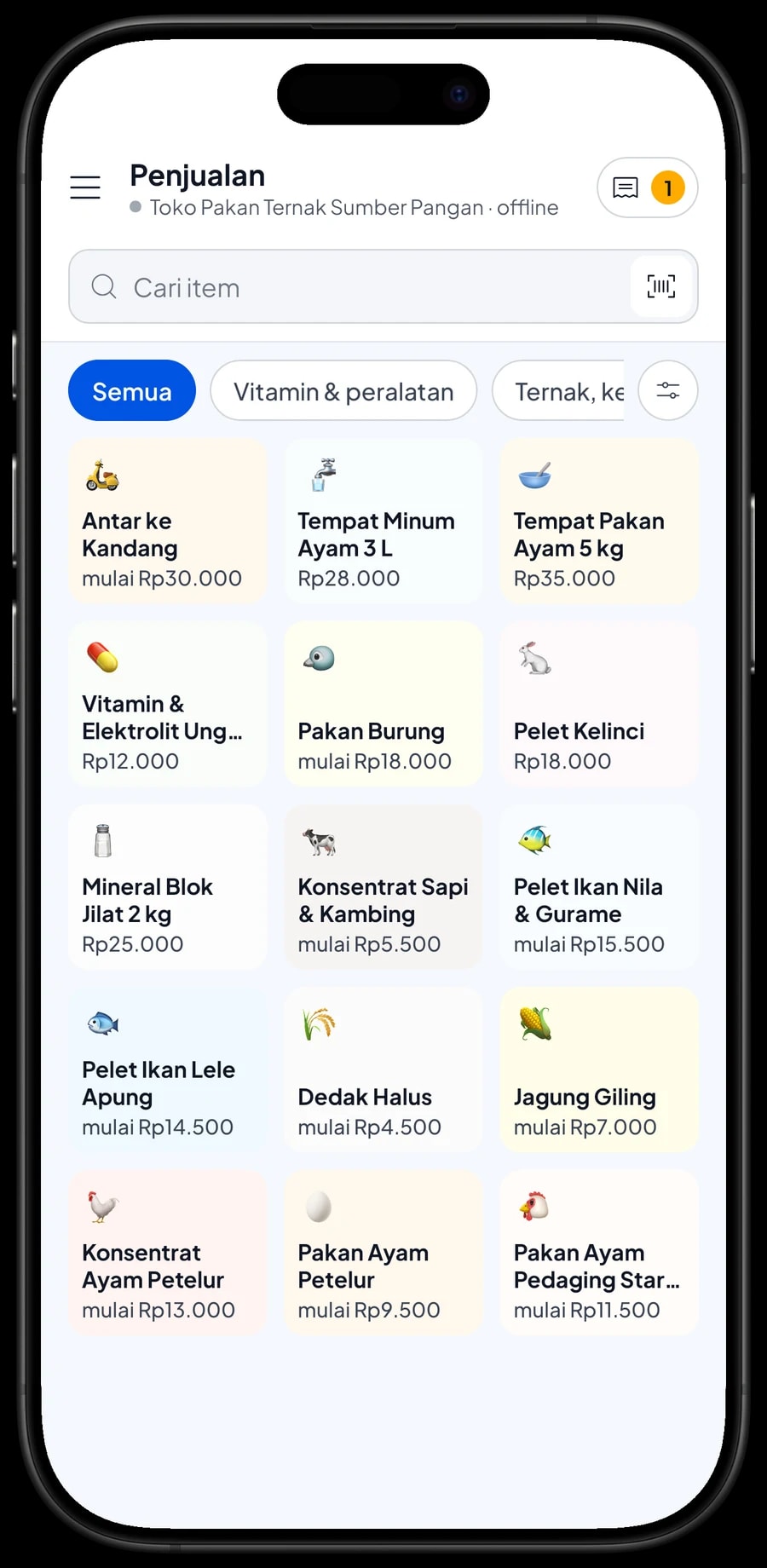 Layar Penjualan toko pakan: keranjang berisi Pakan Burung Voer 1 kg dan Pakan Ayam Pedaging Starter per kg