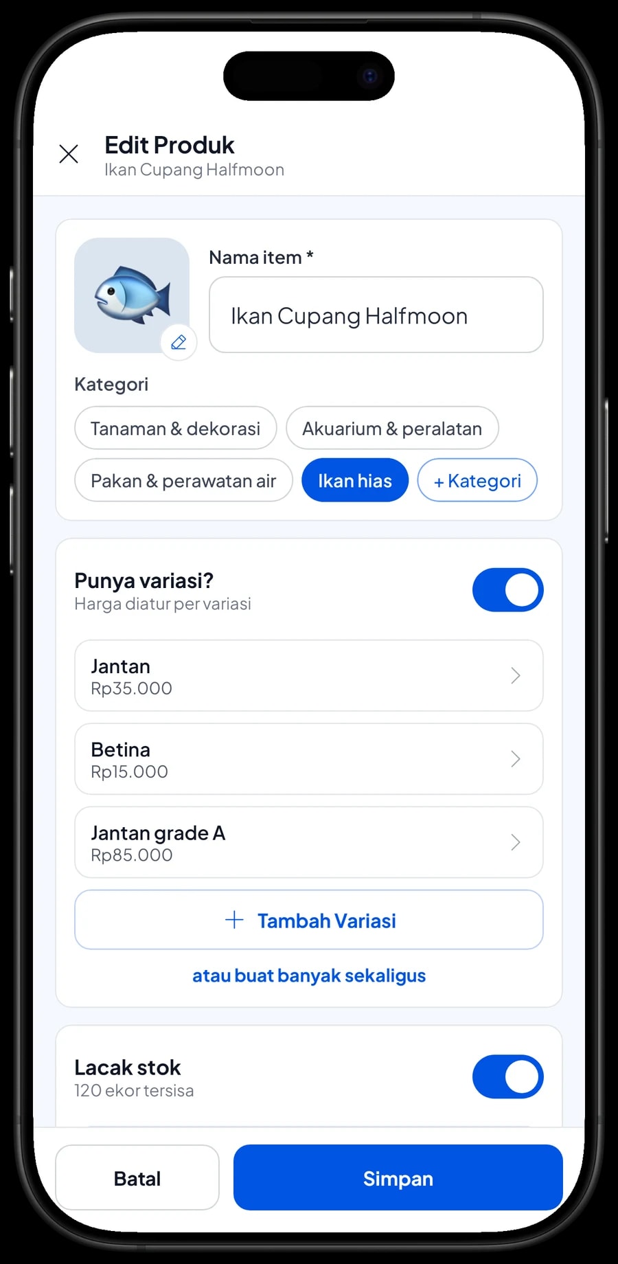 Edit item Ikan Cupang Halfmoon dengan varian Jantan, Betina dan Jantan grade A, masing-masing berharga sendiri