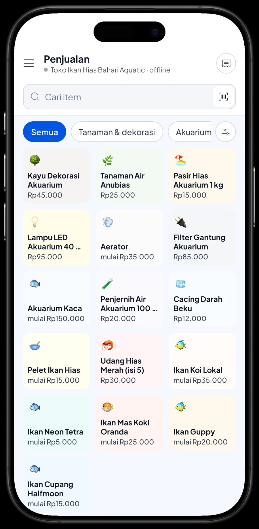 Layar Penjualan Toko Ikan Hias Bahari Aquatic dengan ikan, pakan dan peralatan per kategori serta keranjang