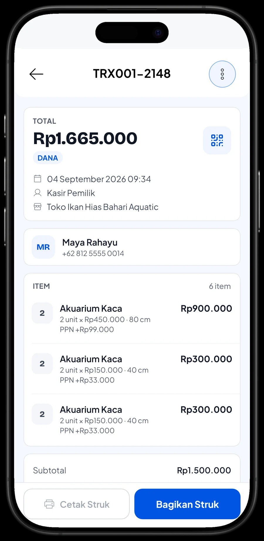 Detail satu transaksi Bahari Aquatic: ikan dan peralatan yang dibeli, PPN dan metode pembayaran