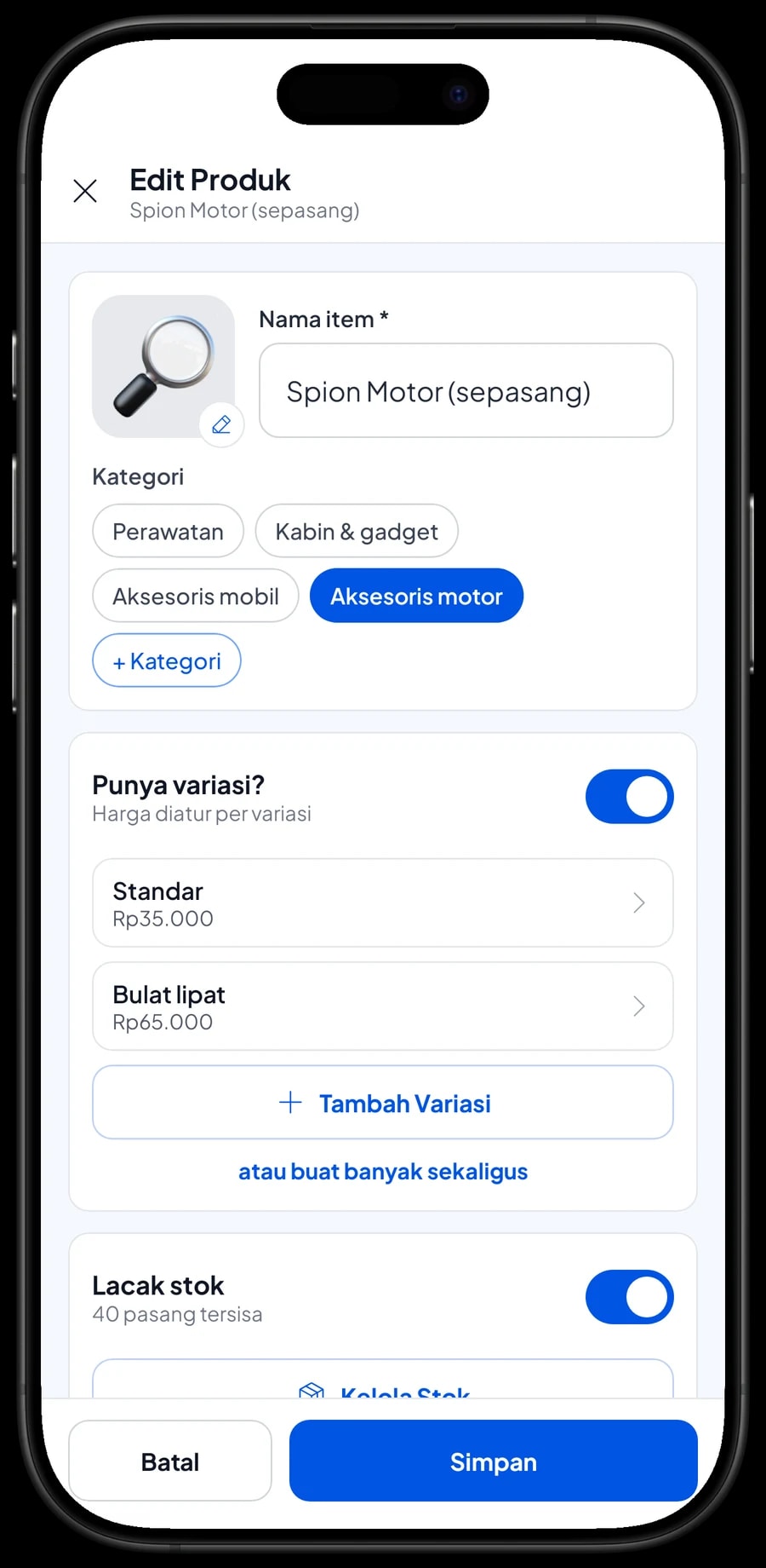 Edit item Spion Motor sepasang dengan varian Standar dan Bulat lipat, masing-masing dengan harga sendiri