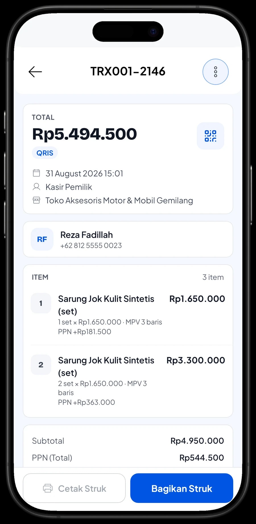 Detail transaksi toko aksesoris: barang dengan varian, jumlah, PPN, pelanggan dan metode bayar