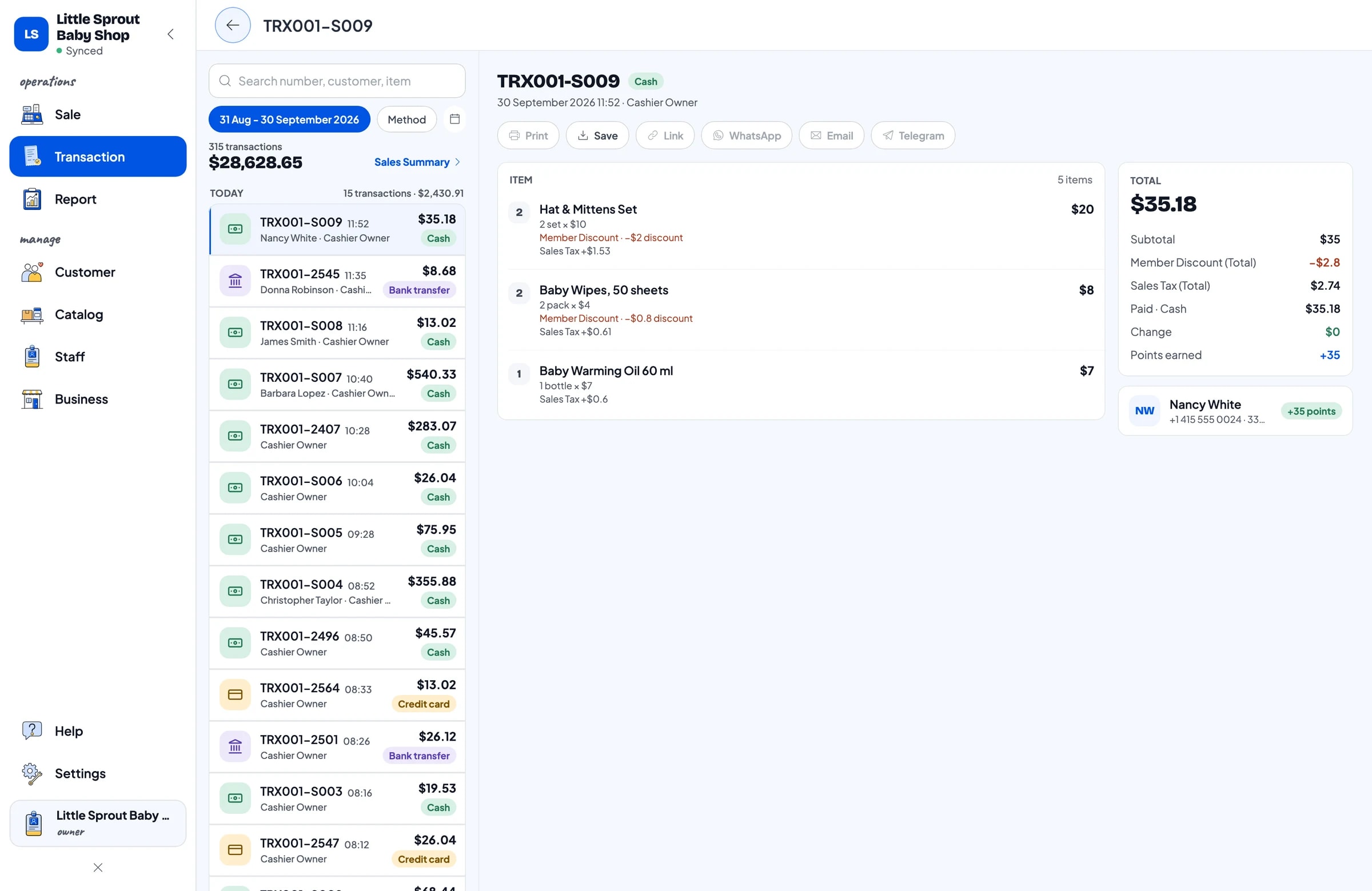 The transaction list with one sale opened: products, sales tax, payment method and total