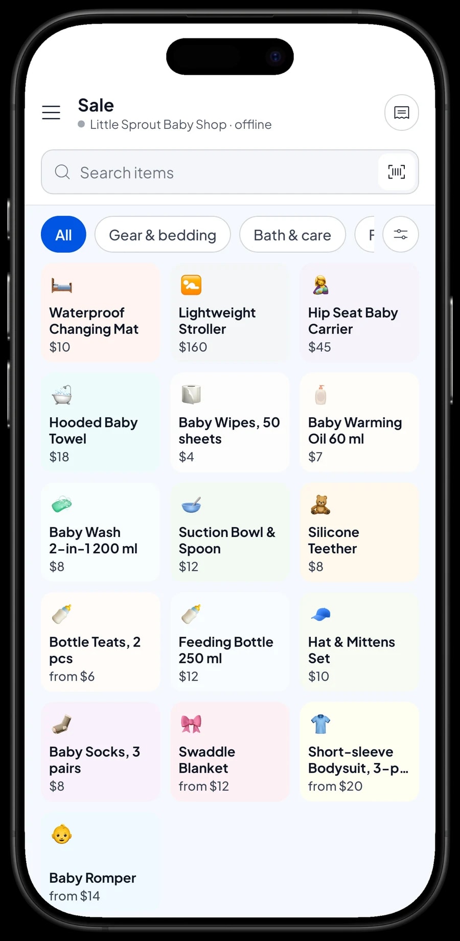 The Sale screen at Little Sprout Baby Shop with a changing mat, stroller and hip seat carrier, next to the cart