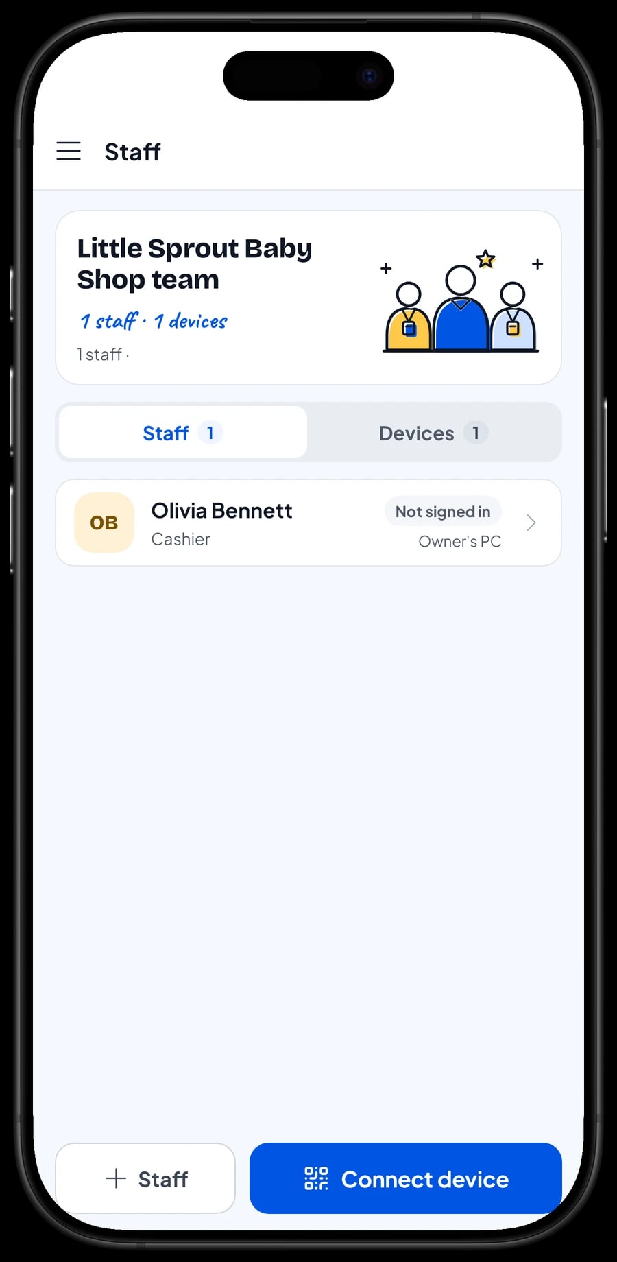 Staff sign-in on a cashier device: pick the staff member, then sign in with a PIN