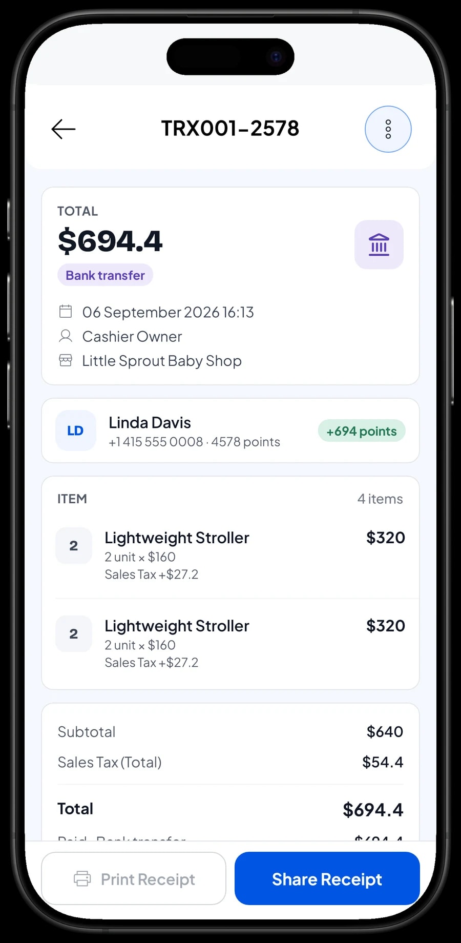 The transaction list with one sale opened: products, sales tax, payment method and total