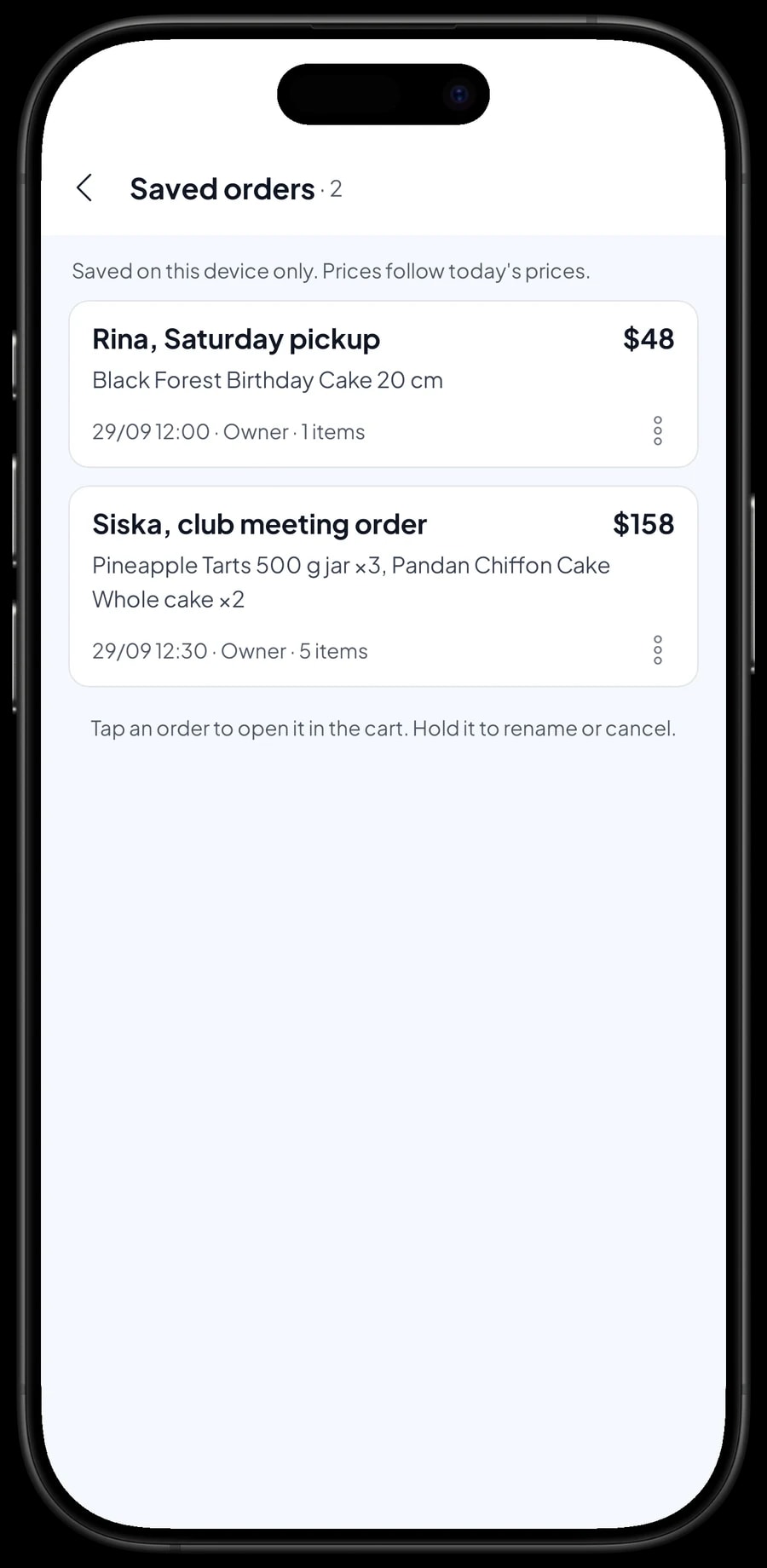 Saved orders: Rina's Black Forest birthday cake for Saturday pickup, and Siska's club meeting order