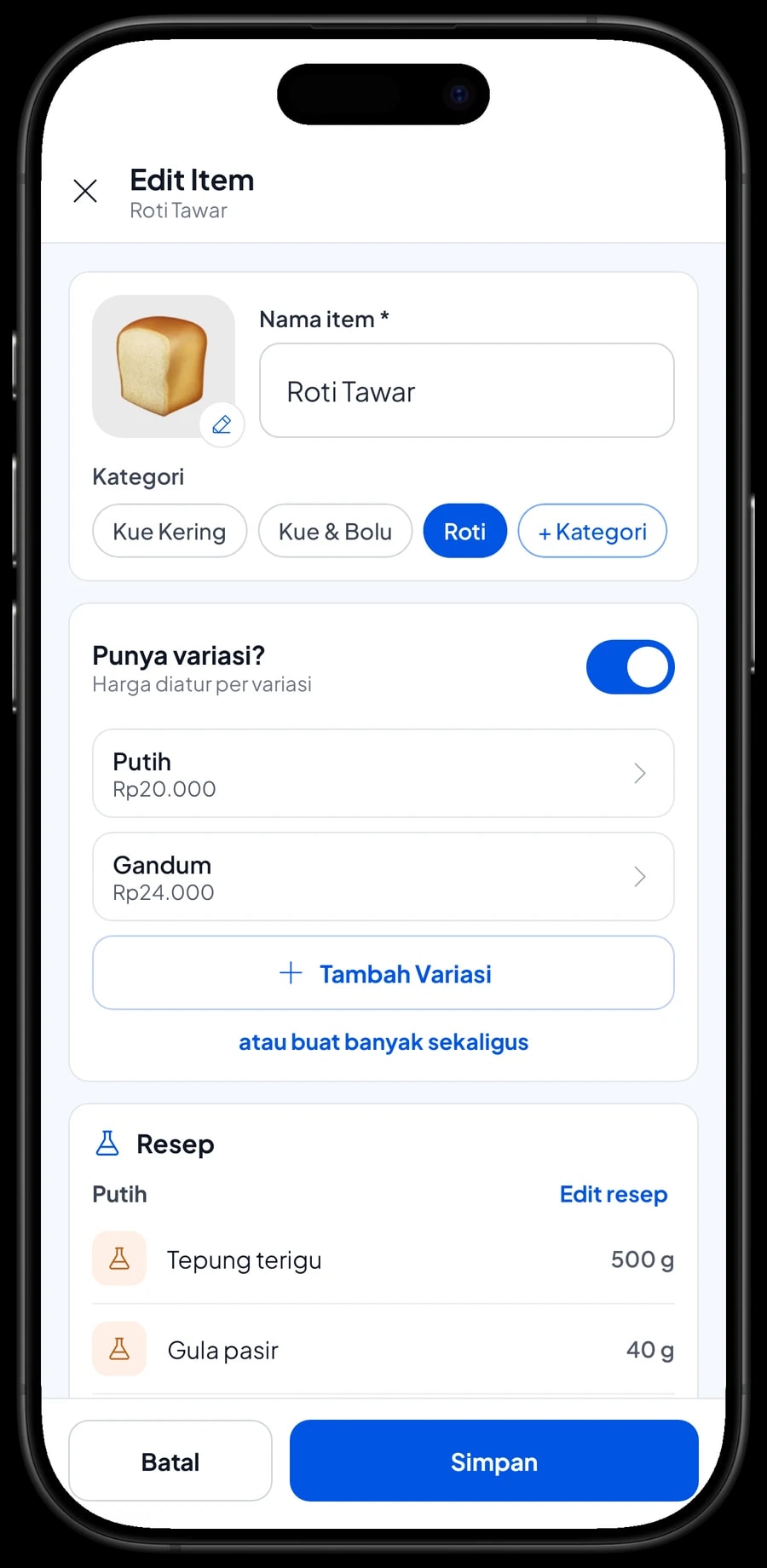 Edit item Roti Tawar di Toko Roti Mentari: varian Putih dan Gandum dengan harga masing-masing