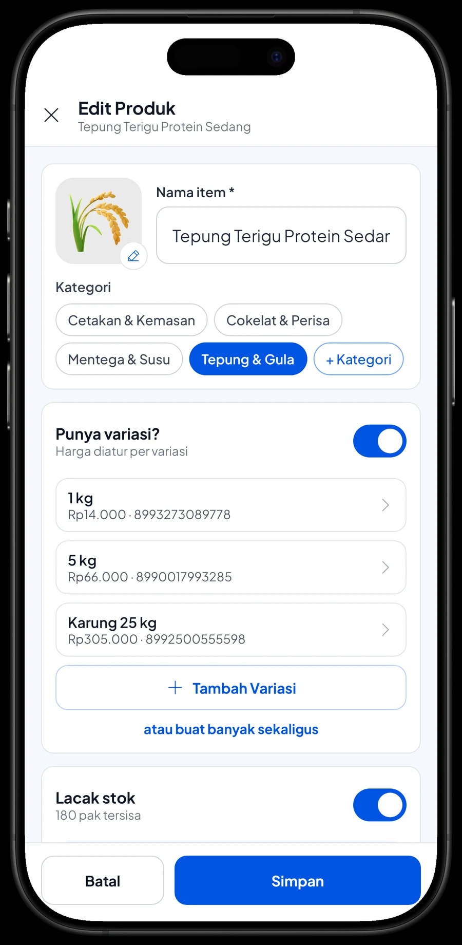 Edit item Tepung Terigu Protein Sedang dengan varian 1 kg, 5 kg dan Karung 25 kg, masing-masing dengan harganya