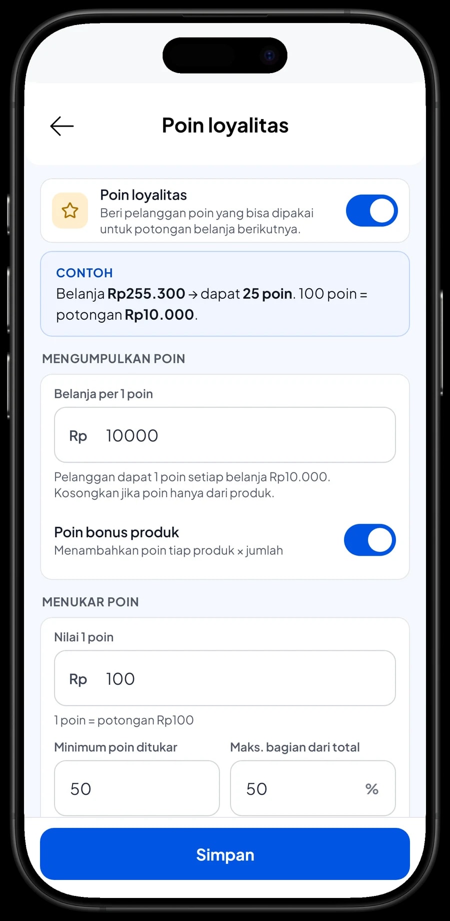 Pengaturan Poin loyalitas: 1 poin tiap belanja Rp10.000, nilai 1 poin Rp100, minimum tukar 50 poin