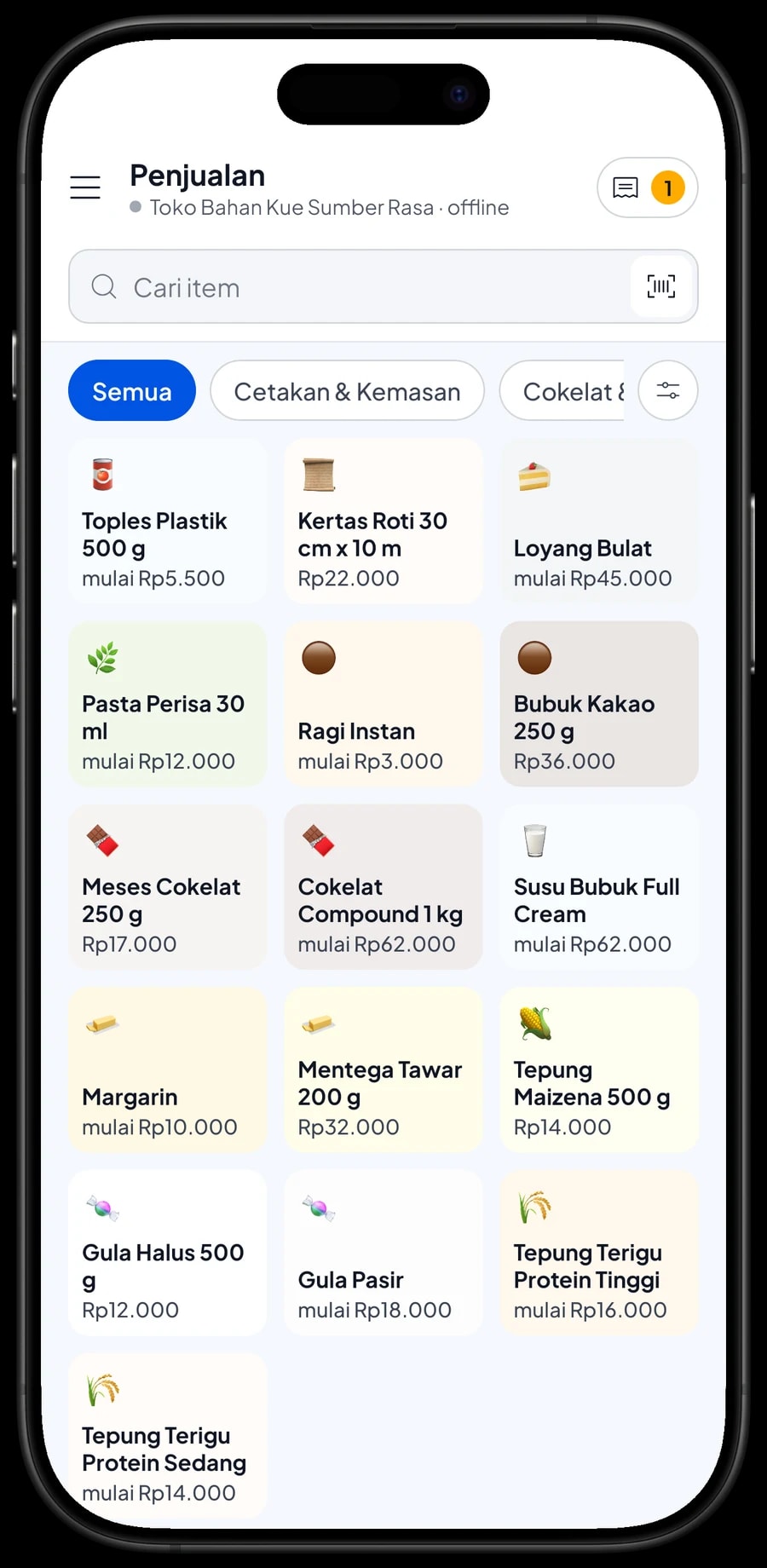 Layar Penjualan dengan keranjang Toples Plastik 500 g dan Bubuk Kakao 250 g, total Rp47.000