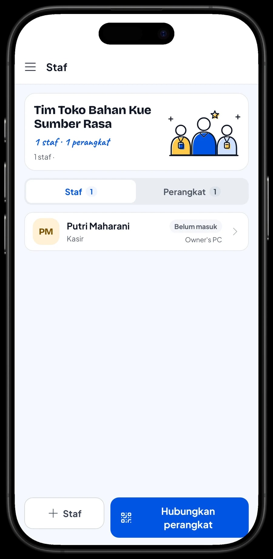 Staf masuk di perangkat kasir: pilih nama staf, lalu masuk dengan PIN
