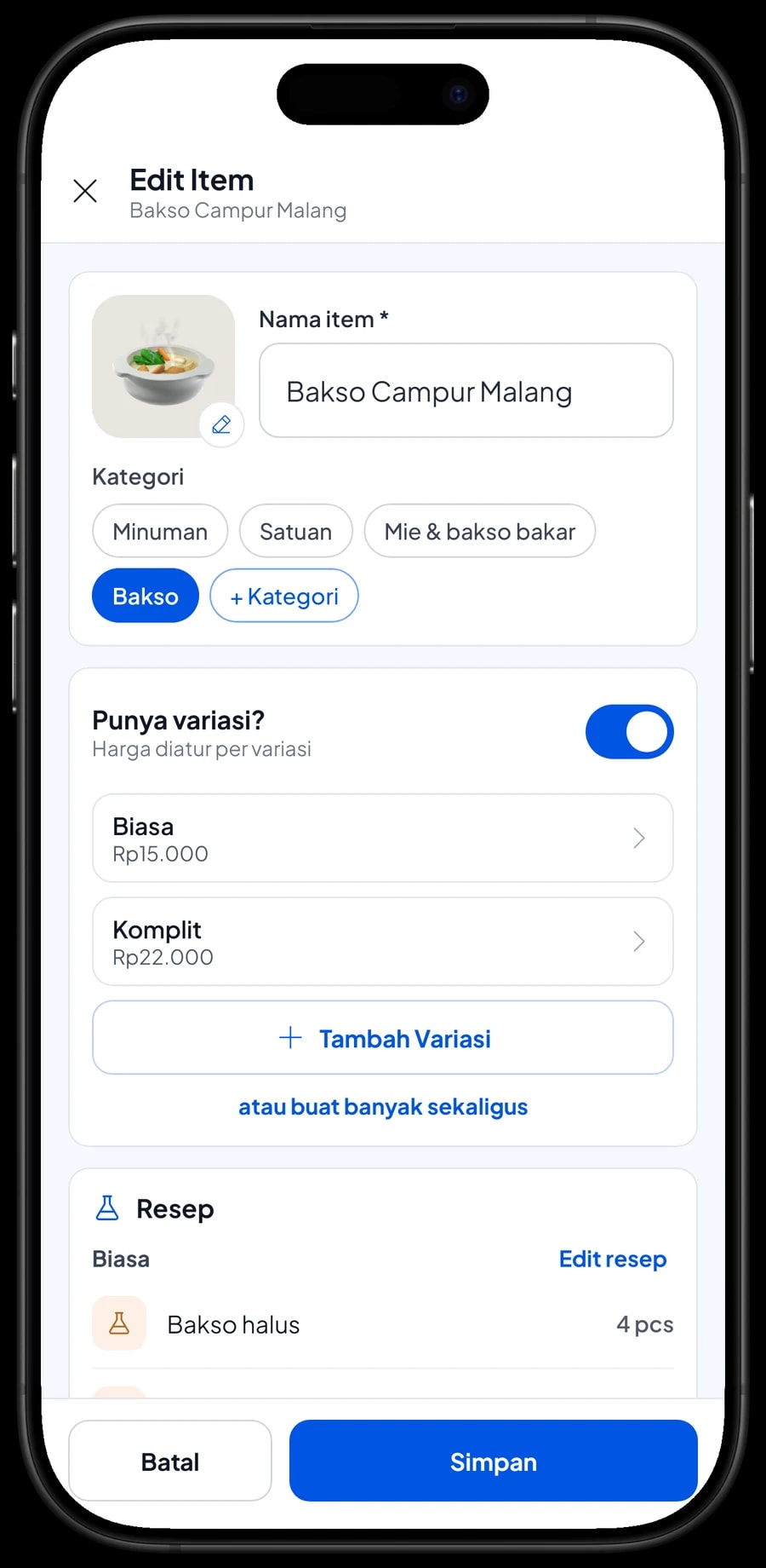 Edit item Bakso Campur Malang dengan varian Biasa dan Komplit, masing-masing dengan harga sendiri
