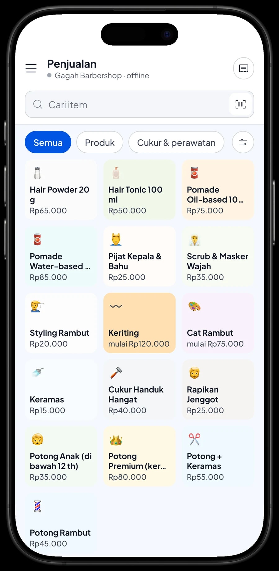Layar Penjualan Gagah Barbershop dengan layanan per kategori dan keranjang pelanggan yang siap dibayar