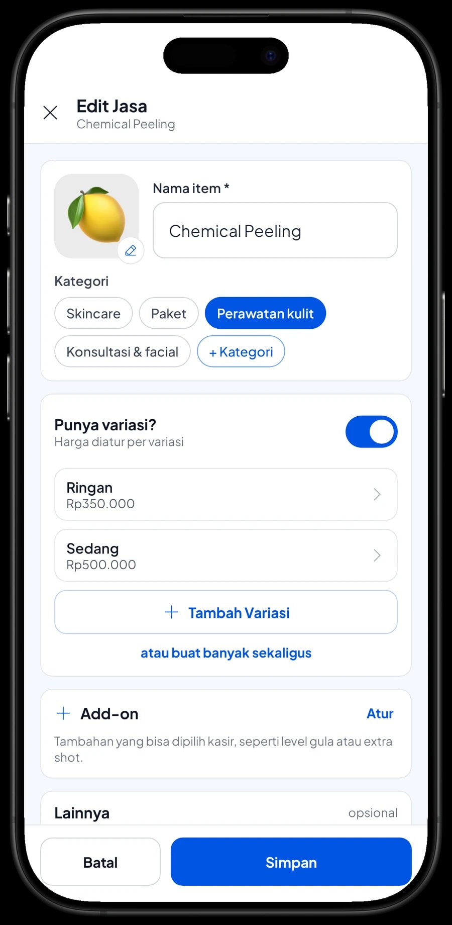Edit item Chemical Peeling di Klinik Kecantikan Aurora dengan varian Ringan dan Sedang, masing-masing berharga sendiri