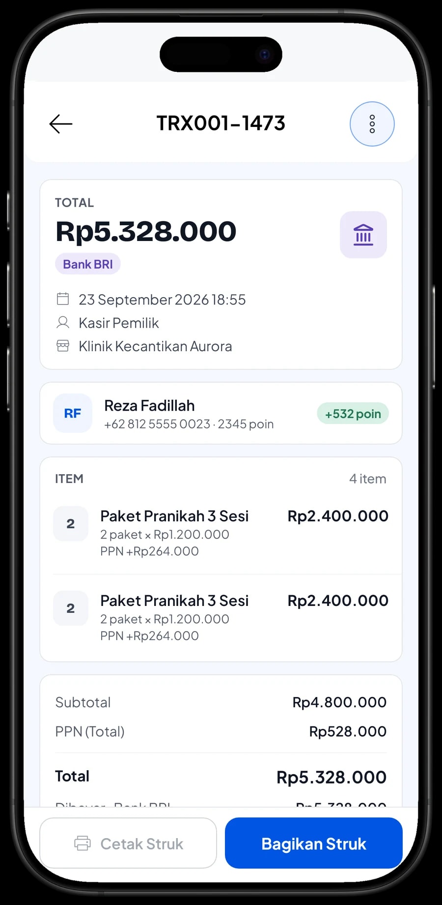 Detail transaksi terbaru Klinik Kecantikan Aurora: item perawatan atau produk, PPN 11% dan metode bayar
