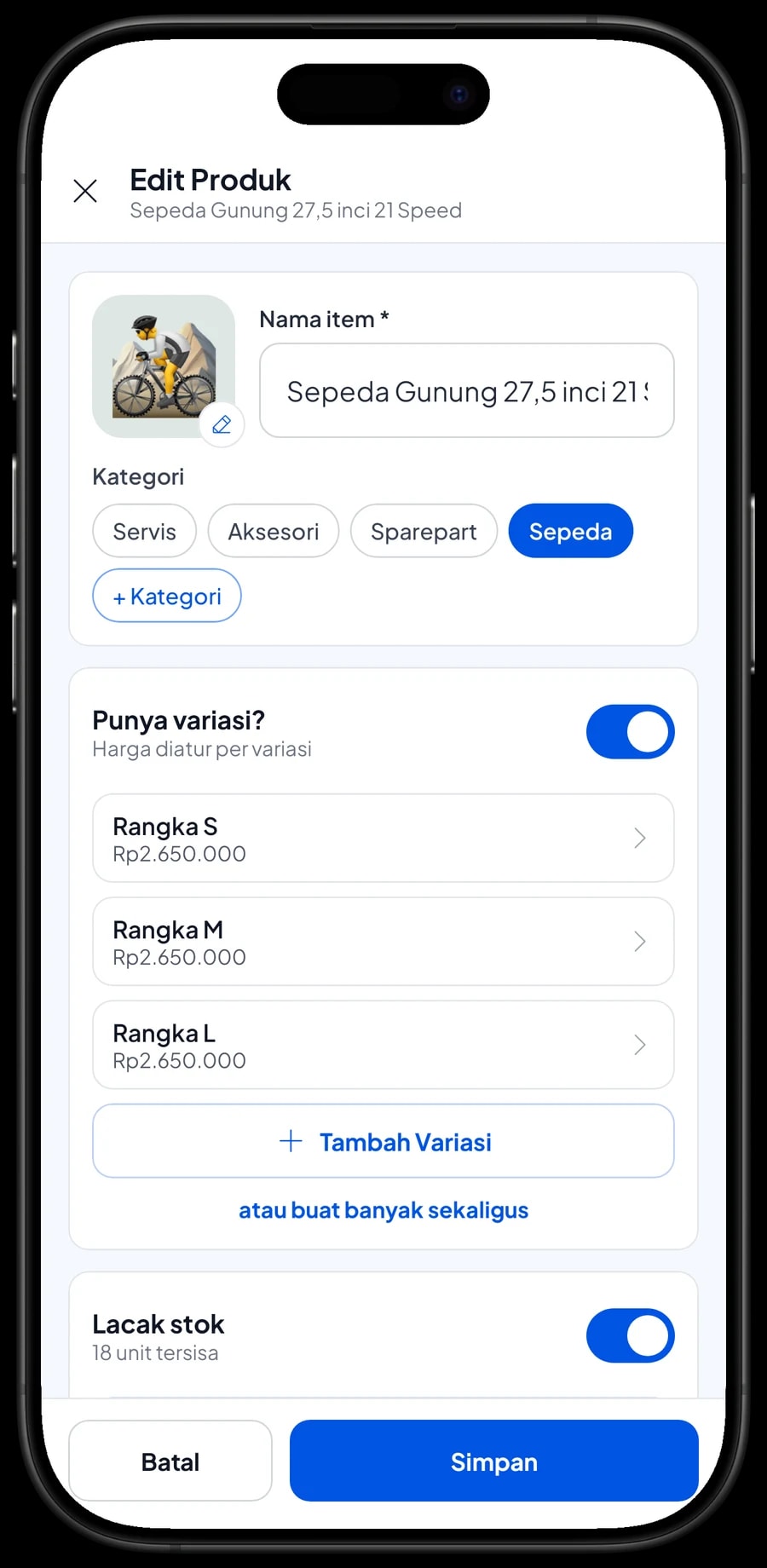 Edit item Sepeda Gunung 27,5 inci 21 Speed dengan varian Rangka S, M dan L seharga Rp2.650.000