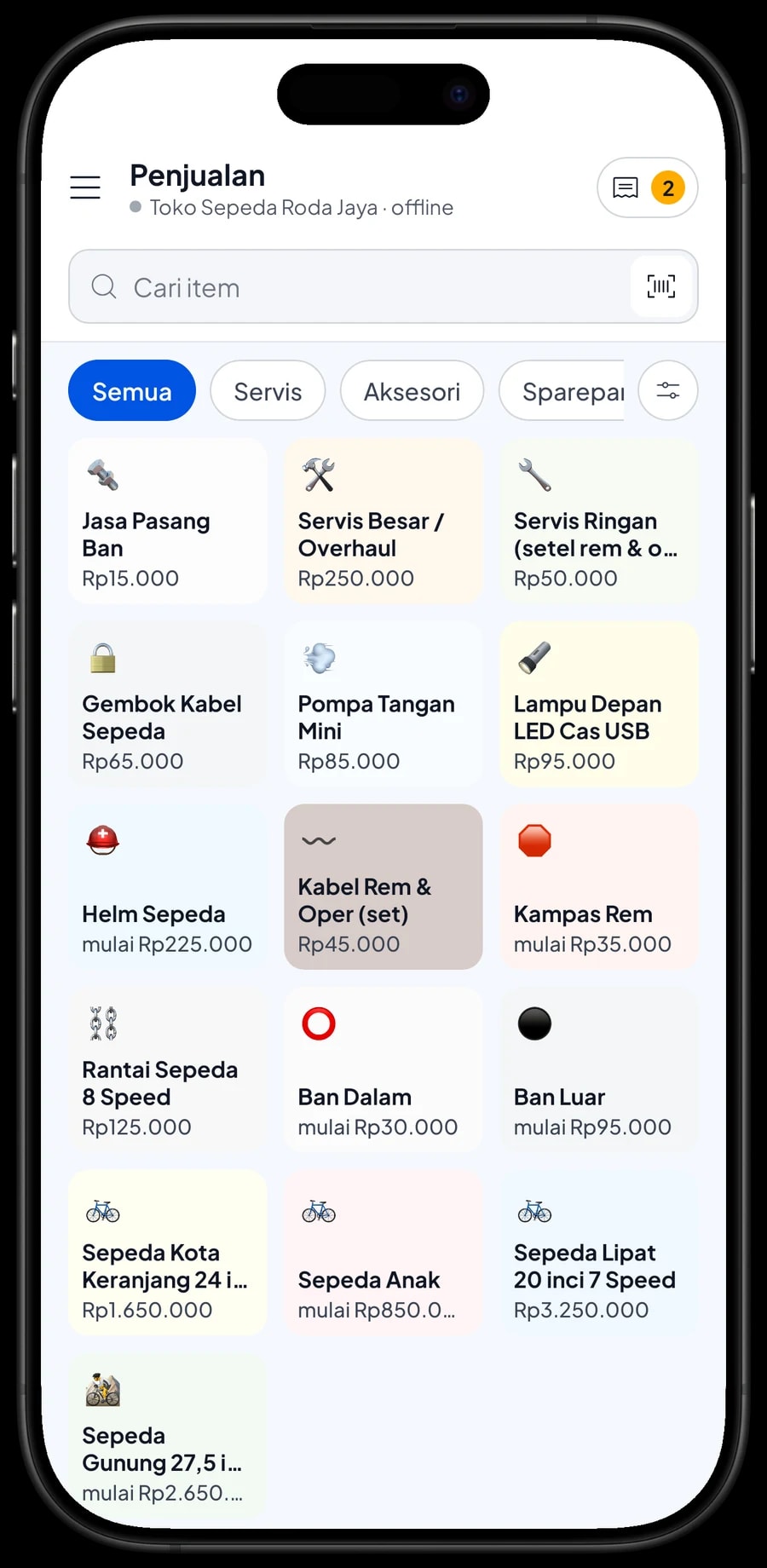 Layar Penjualan Toko Sepeda Roda Jaya dengan tab Sepeda, Sparepart, Aksesori dan Servis serta keranjang berisi