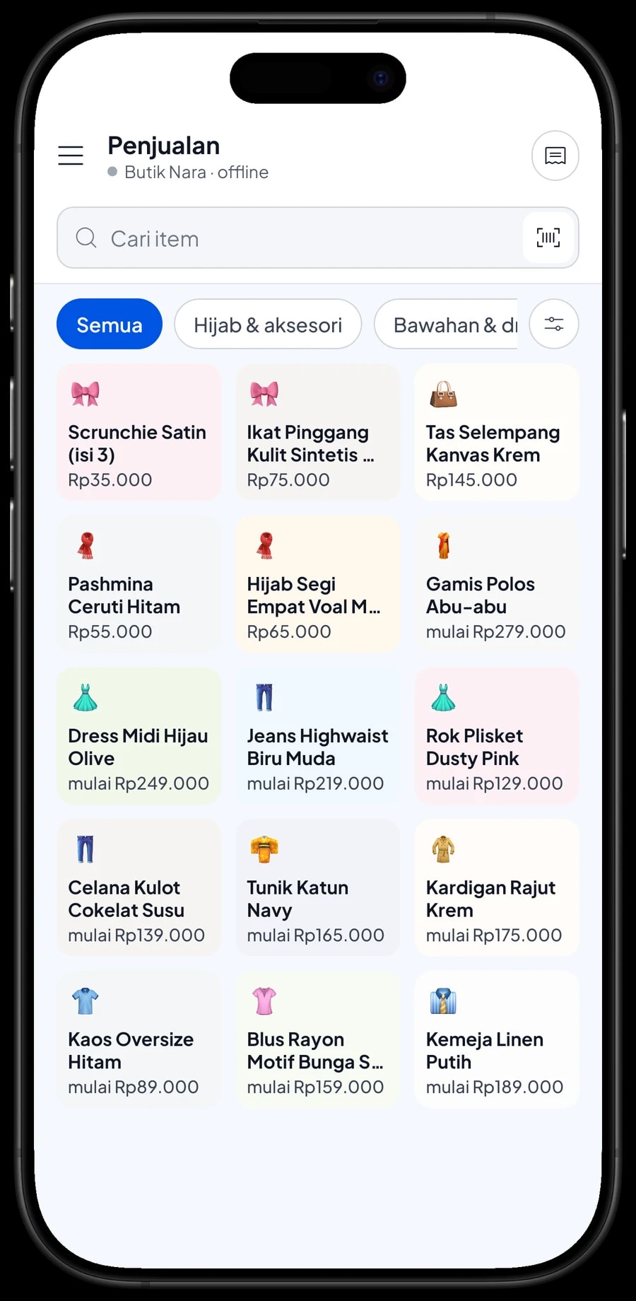 Layar Penjualan Butik Nara dengan tab Atasan, Bawahan & dress, Hijab & aksesori dan keranjang pelanggan Budi Santoso