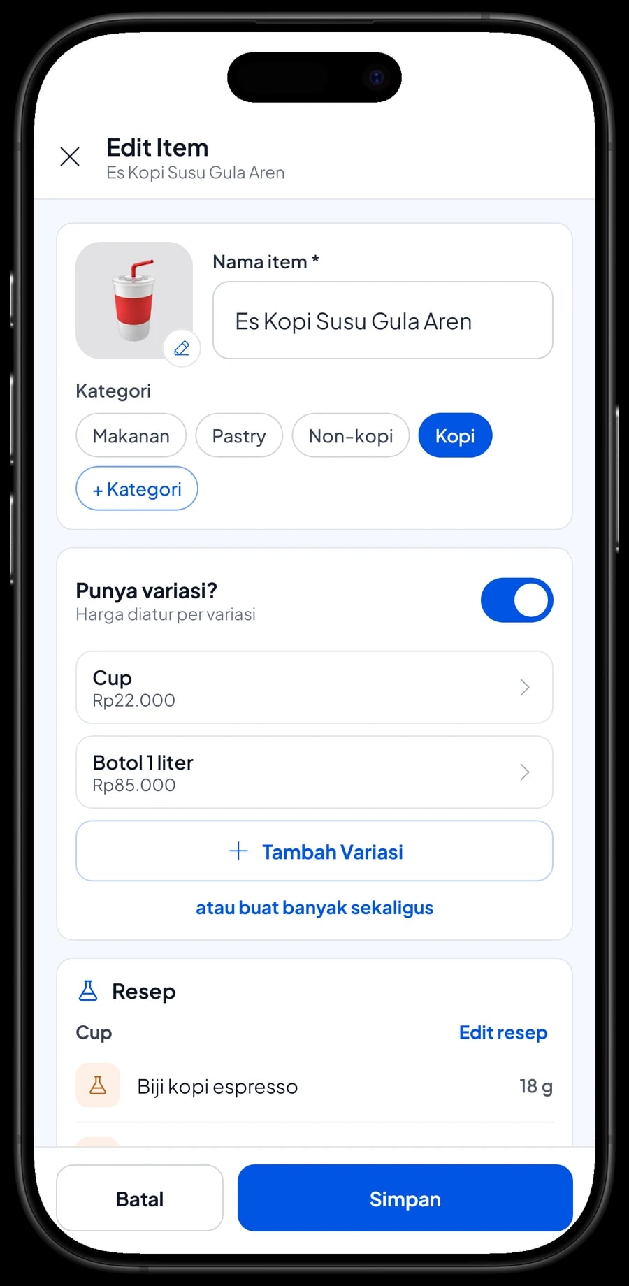Edit item Es Kopi Susu Gula Aren: item Racikan dengan resep untuk varian Cup dan Botol 1 liter