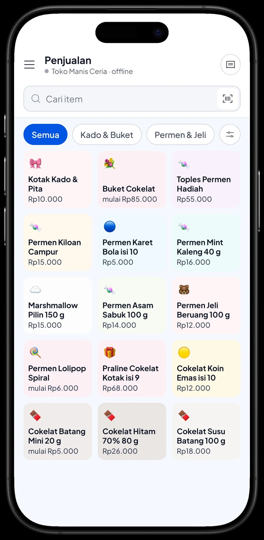 Layar Penjualan Toko Manis Ceria dengan cokelat, permen, jeli dan buket cokelat