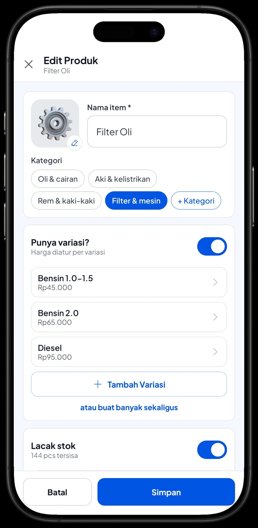 Edit item Filter Oli dengan varian Bensin 1.0-1.5, Bensin 2.0 dan Diesel, masing-masing dengan harga sendiri