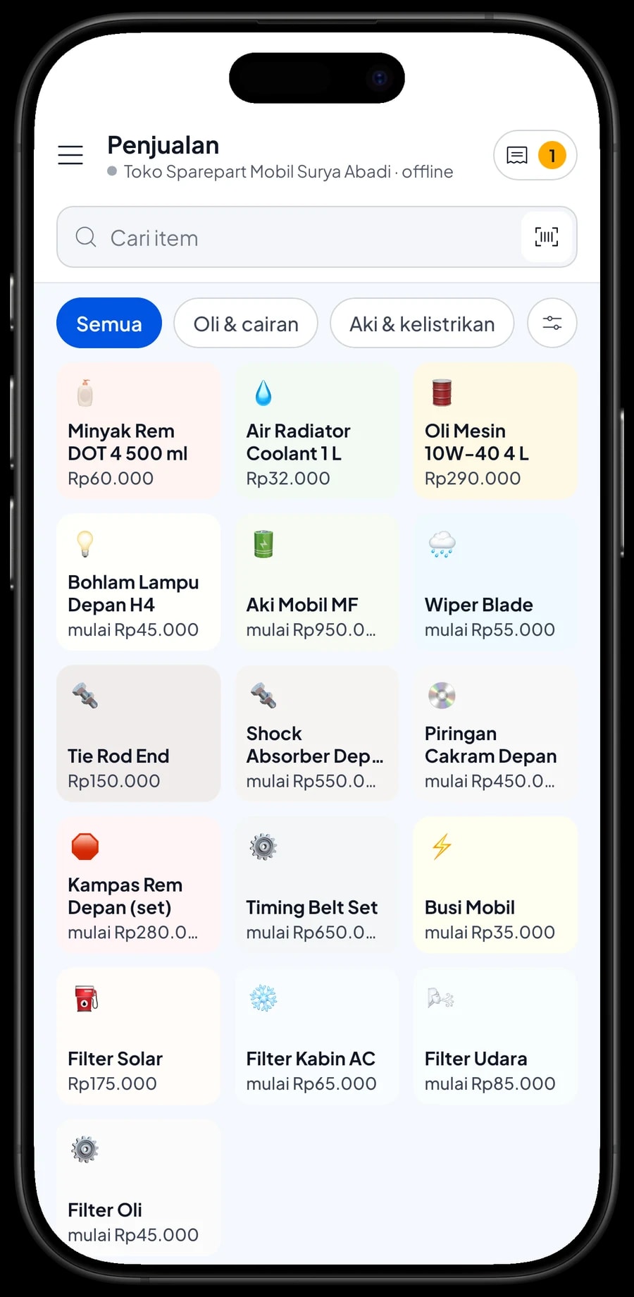 Layar Penjualan Toko Sparepart Mobil Surya Abadi dengan tab Filter & mesin, Rem & kaki-kaki dan keranjang berisi