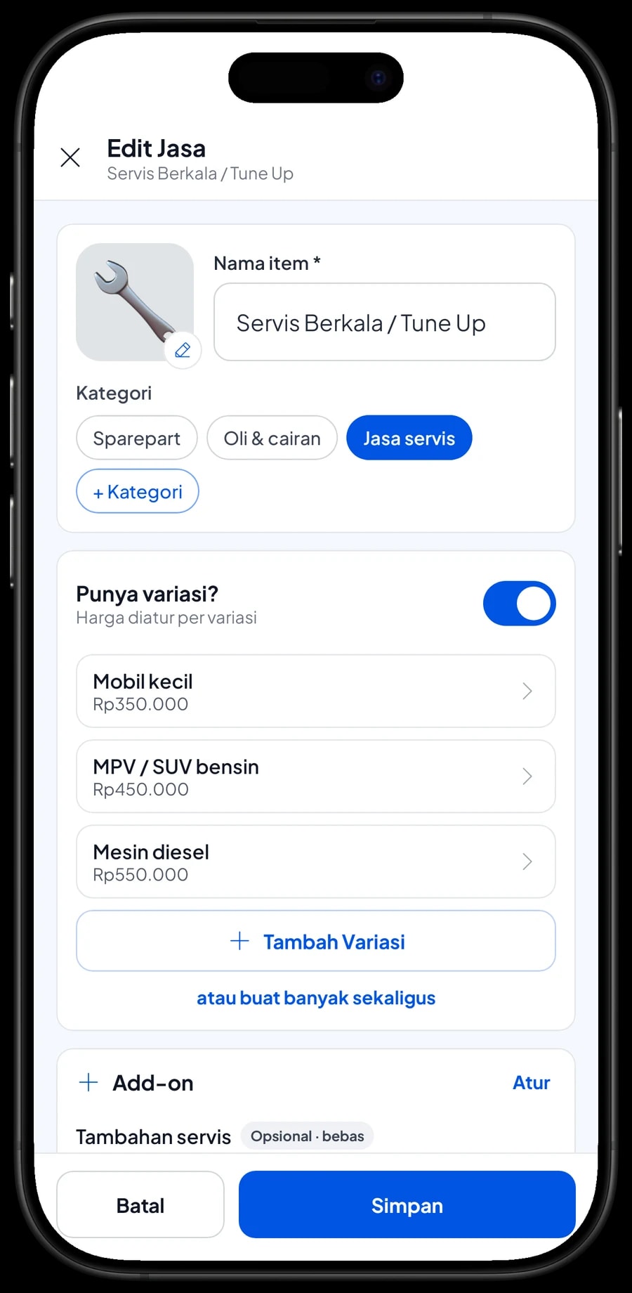 Edit item Servis Berkala / Tune Up dengan varian Mobil kecil, MPV / SUV bensin dan Mesin diesel