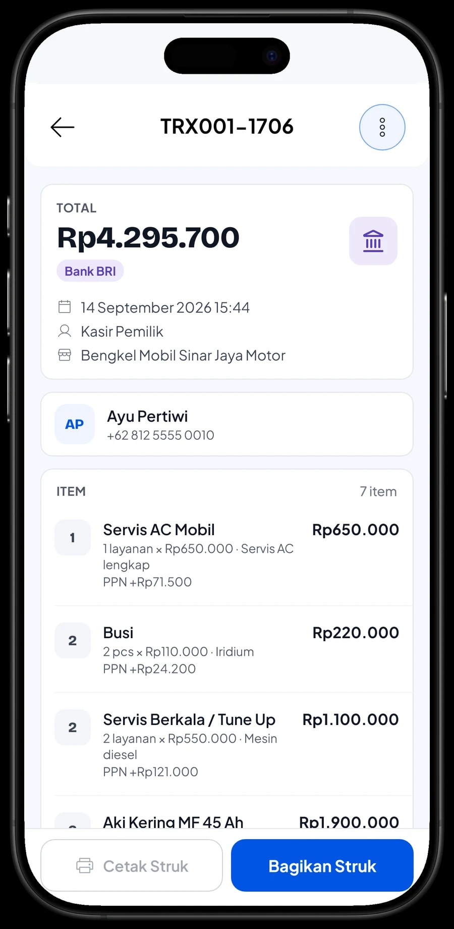 Daftar transaksi Bengkel Mobil Sinar Jaya Motor dengan detail satu servis: jasa, sparepart, PPN dan metode bayar
