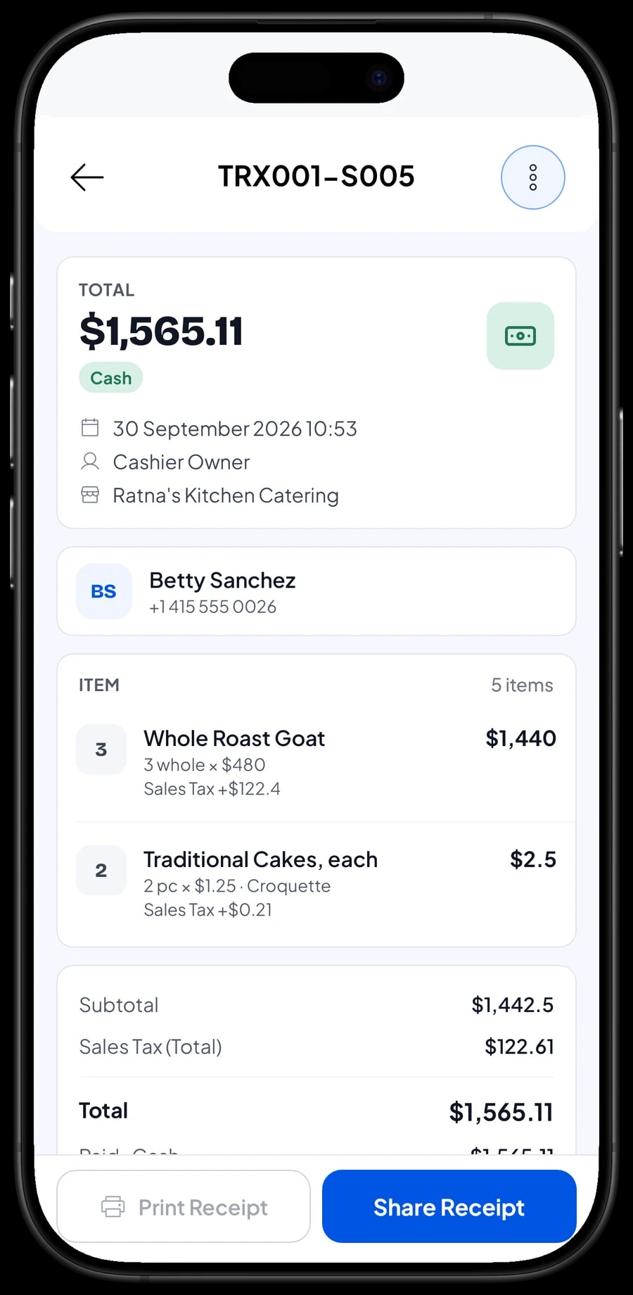 One catering sale in detail: the items ordered, sales tax on each line, payment method and totals