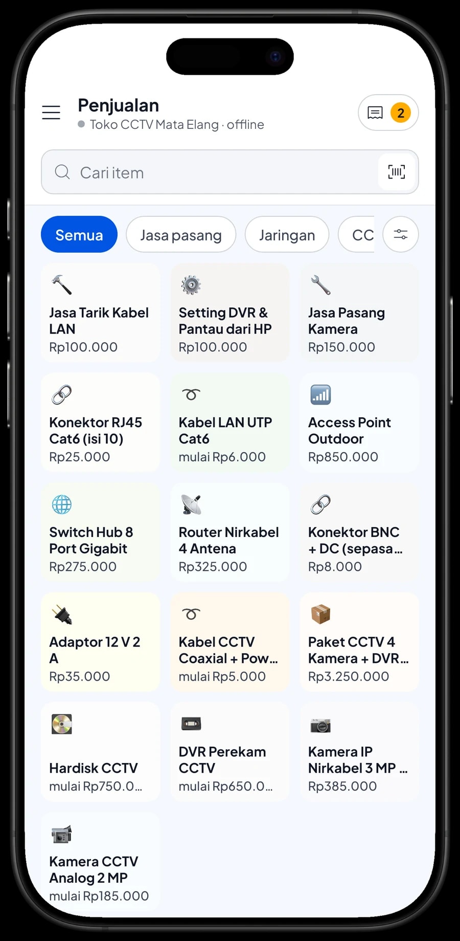 Layar Penjualan Toko CCTV Mata Elang dengan tab kategori, jasa pasang, kabel LAN dan perangkat jaringan