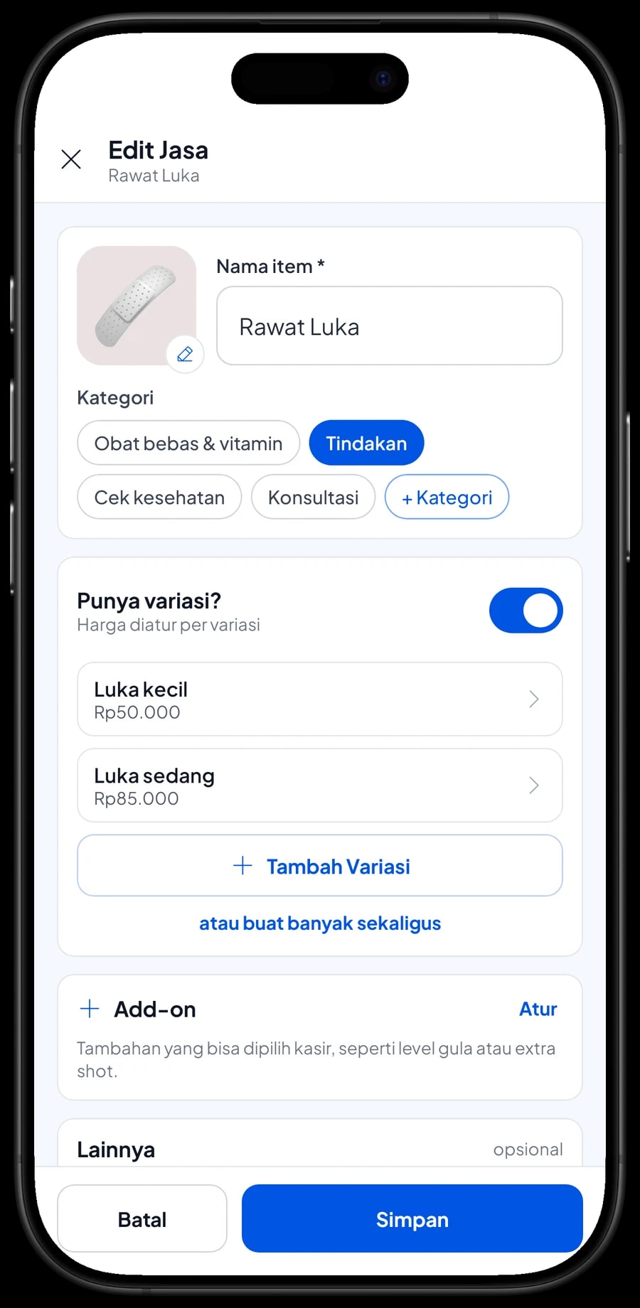 Edit item Rawat Luka dengan varian Luka kecil dan Luka sedang, masing-masing dengan tarif sendiri
