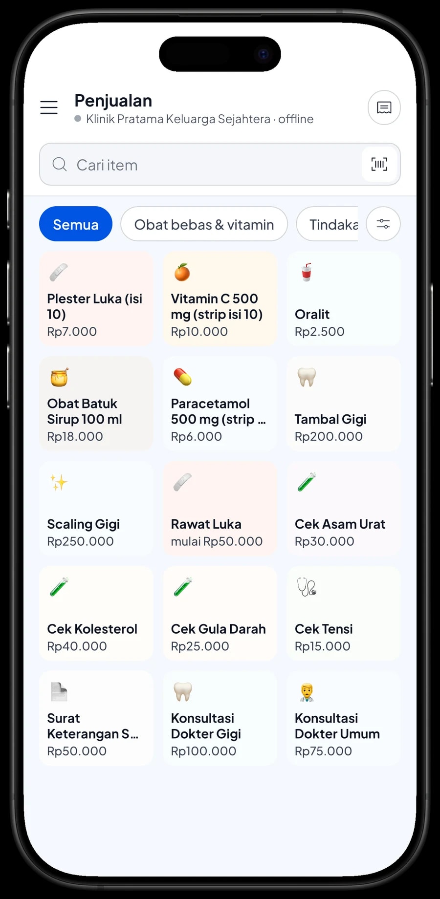 Layar Penjualan Klinik Pratama Keluarga Sejahtera dengan kategori layanan, obat bebas seperti Plester Luka dan keranjang pasien