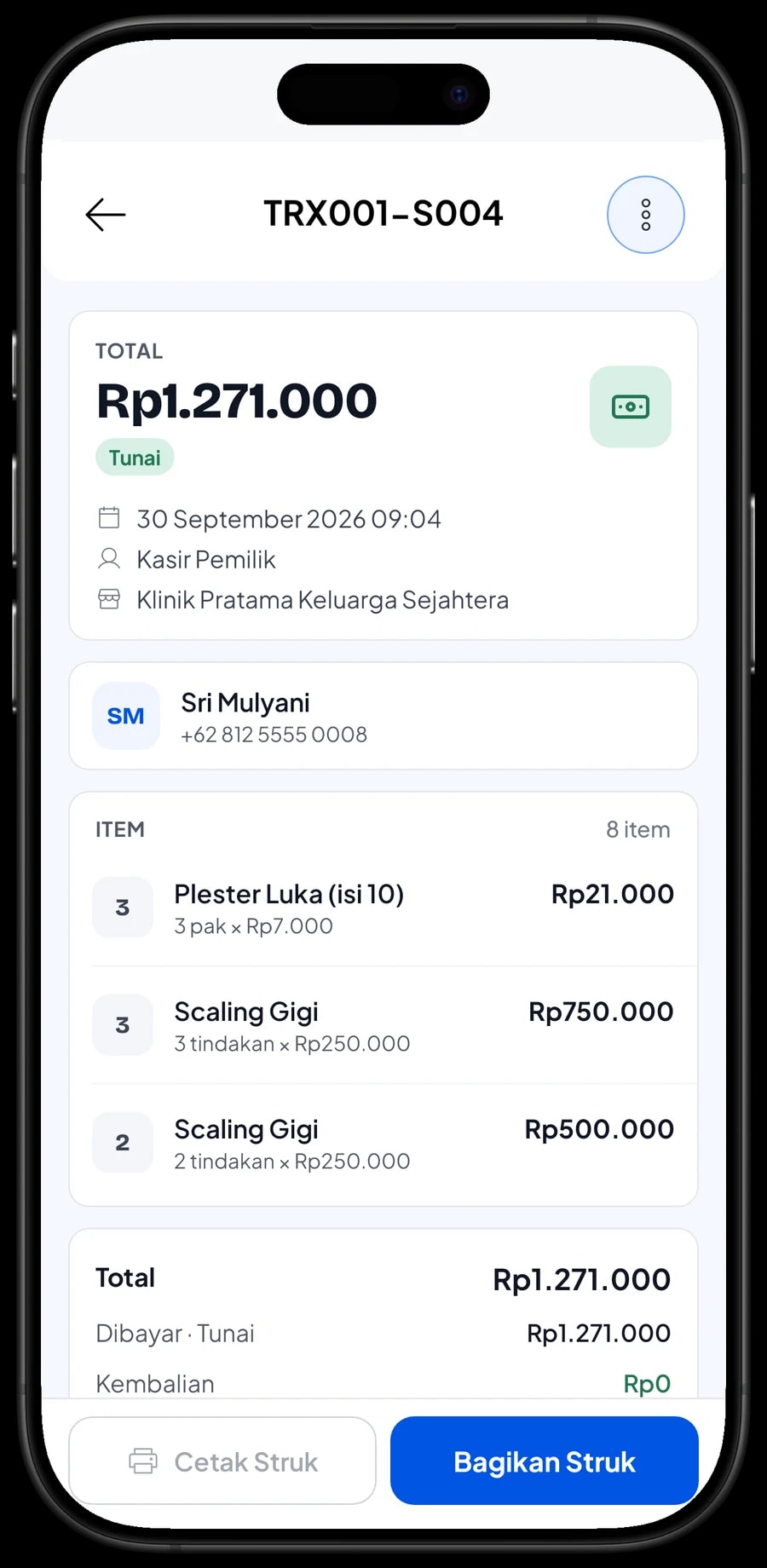 Daftar transaksi klinik dengan detail satu pembayaran: layanan, obat, metode pembayaran dan total