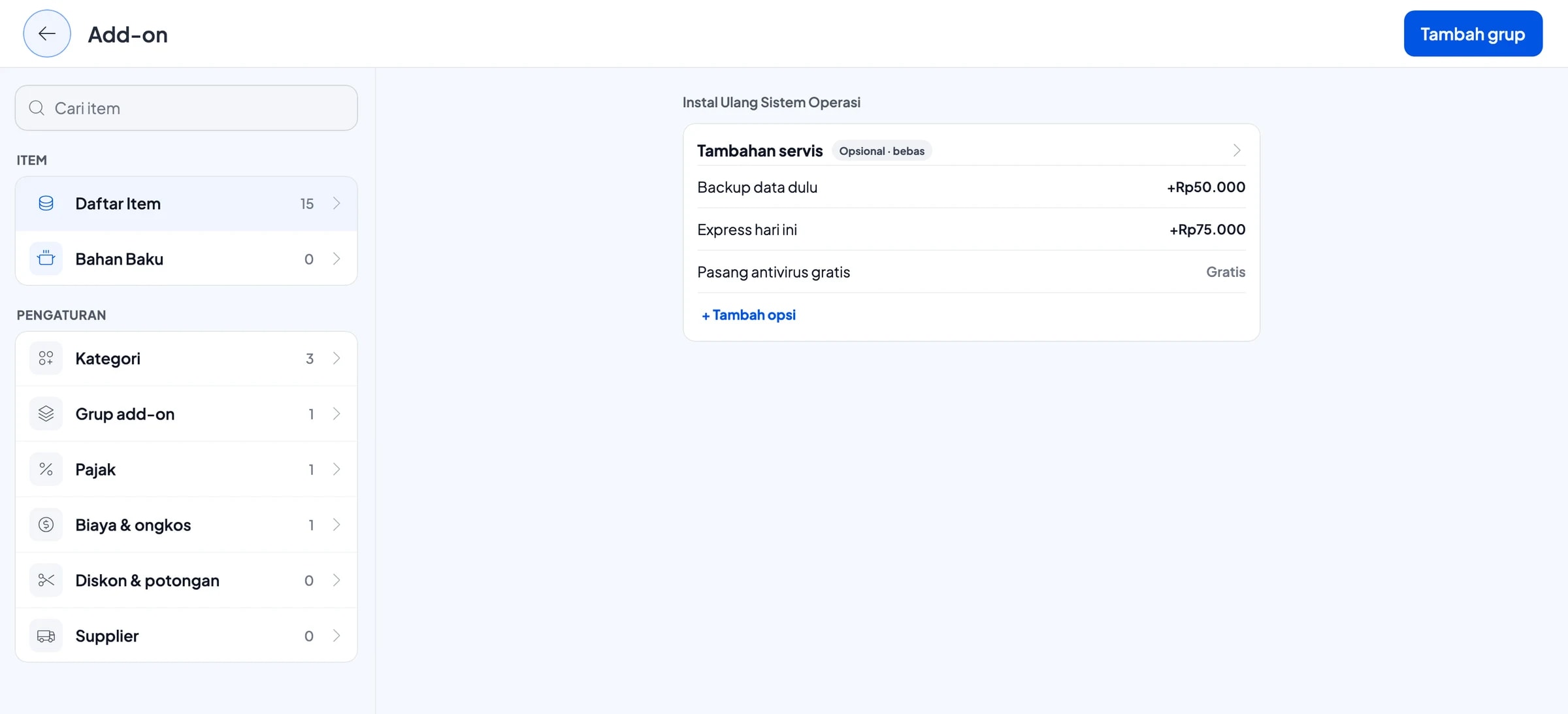 Grup add-on Tambahan servis: Backup data dulu, Express hari ini dan Pasang antivirus gratis