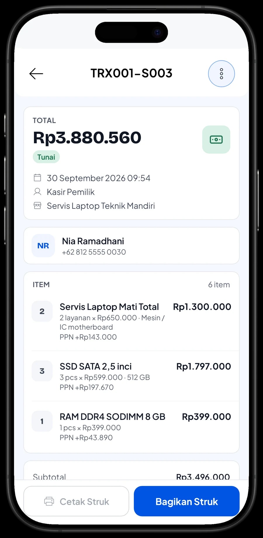 Daftar transaksi Servis Laptop Teknik Mandiri dengan detail satu nota: jasa, sparepart, PPN dan metode bayar